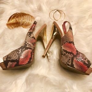 TRENDY SNAKESKIN Sling back peep toe pink  heels